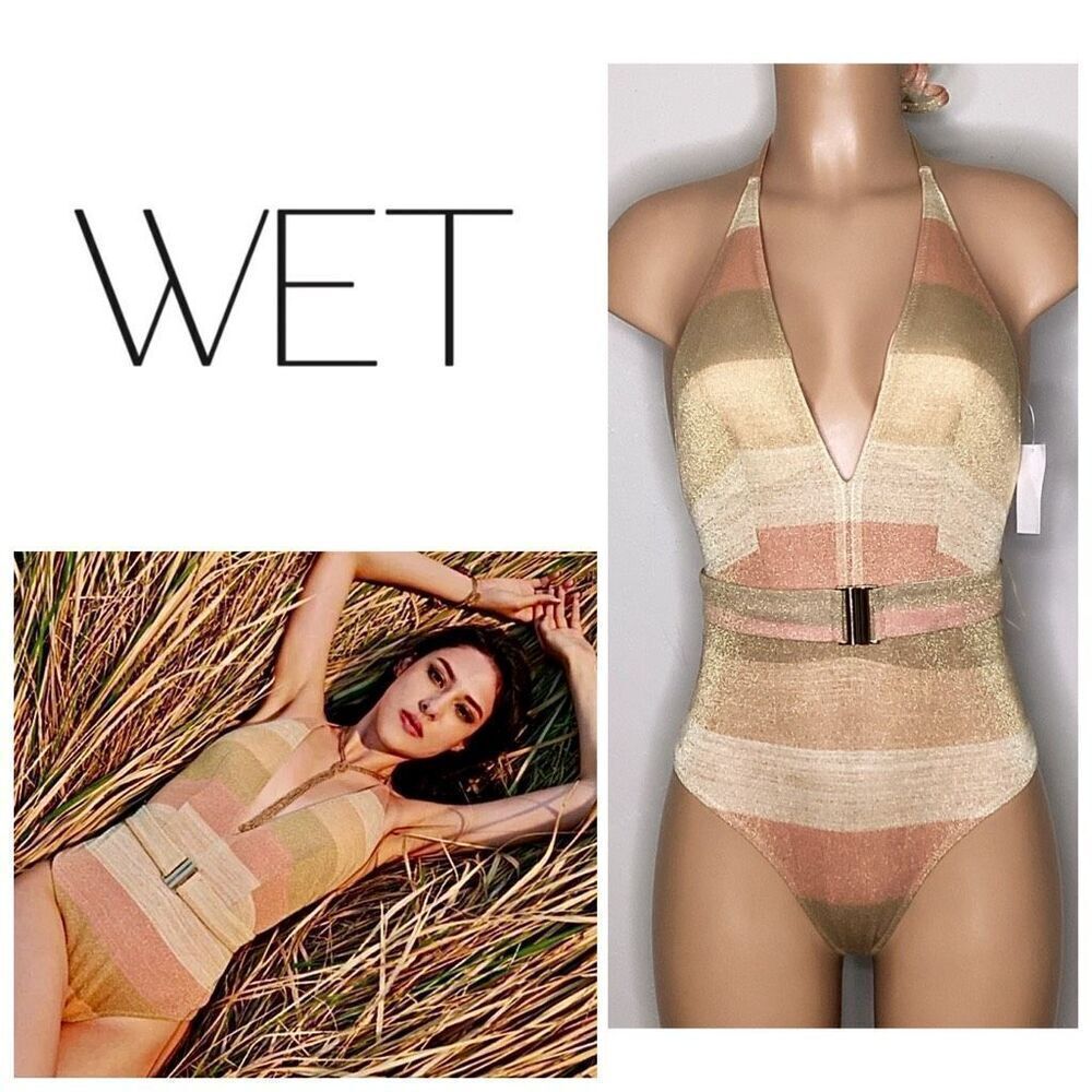 New. WET gold metallic stripe swimsuit. Small. Retails $208